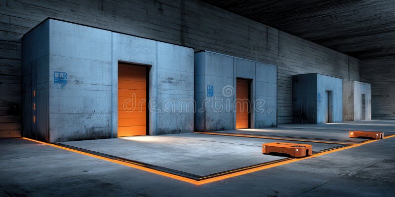Futuristic Architectural Design with Metallic Structures and Illuminated Pathways in a Dim Environment vector illustration