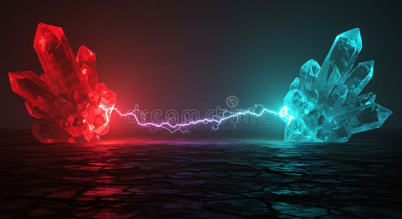 Dual magic crystals exchange powerful neon lightning royalty free illustration