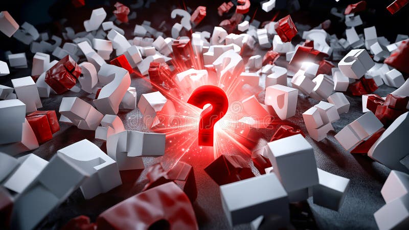 A glowing question mark surrounded by scattered white and red blocks in a dark environment. A striking visual features a large white question mark that emits a glowing light, surrounded by numerous white and red block forms. The setting is dark, enhancing the contrast and focus. AI generated