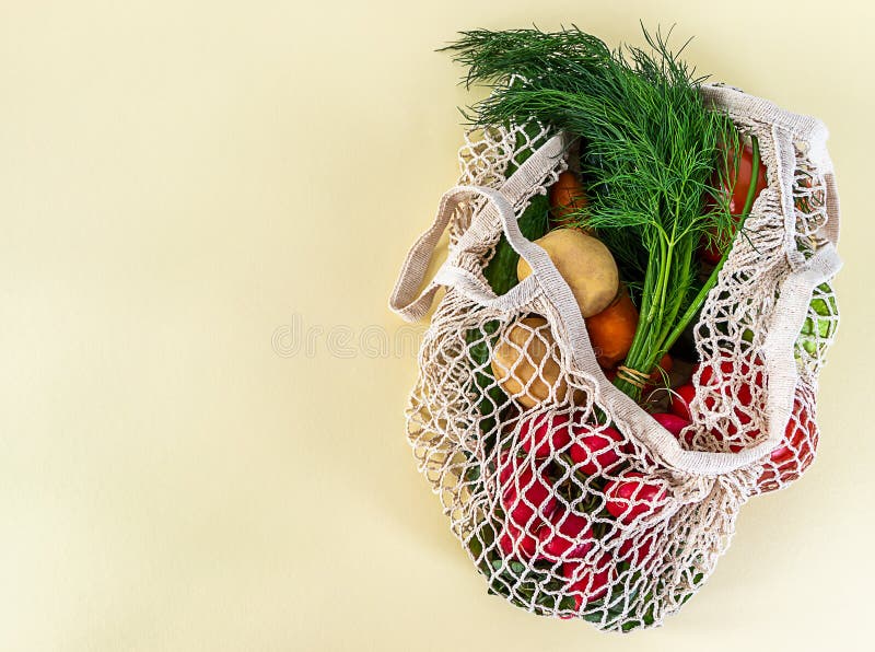 String Bag of Mixed Fruit, Vegetables and Greens. Zero Waste Concept