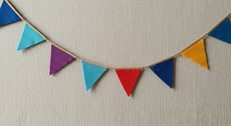 A string of colorful felt pennant flags is displayed against a neutral fabric background. vector illustration