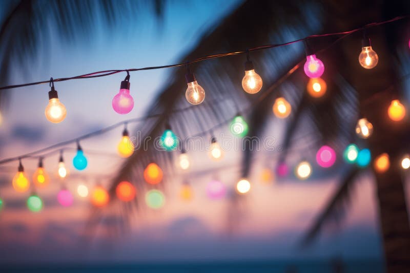 A string of colorful lights hanging from a palm tree vector illustration