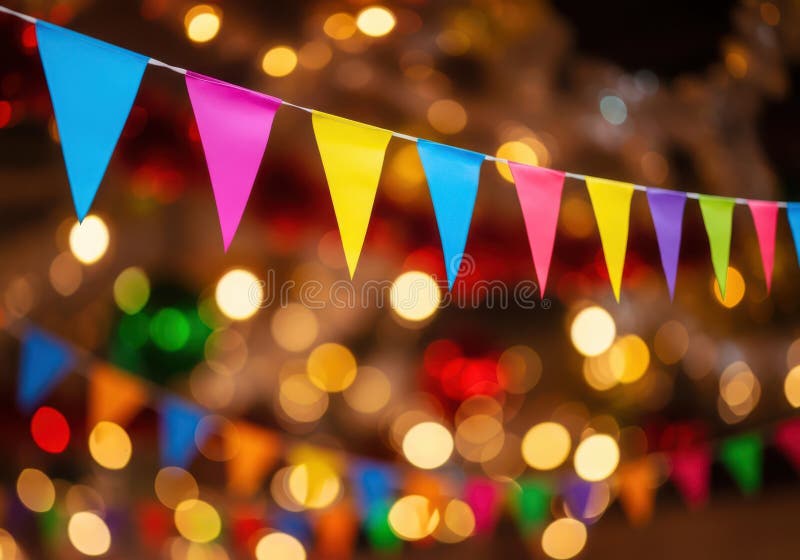 Vibrant pennant flags hanging at night festival stock illustration