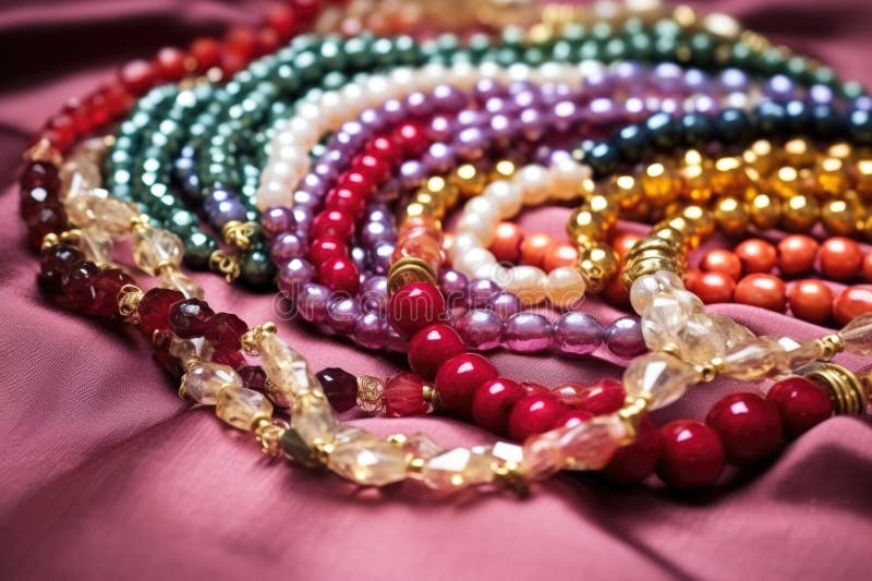 String of crafted bead necklace laying on velvet cloth stock illustration
