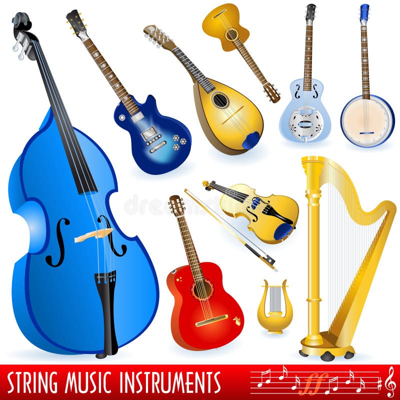 A collection of different string musical instruments.
