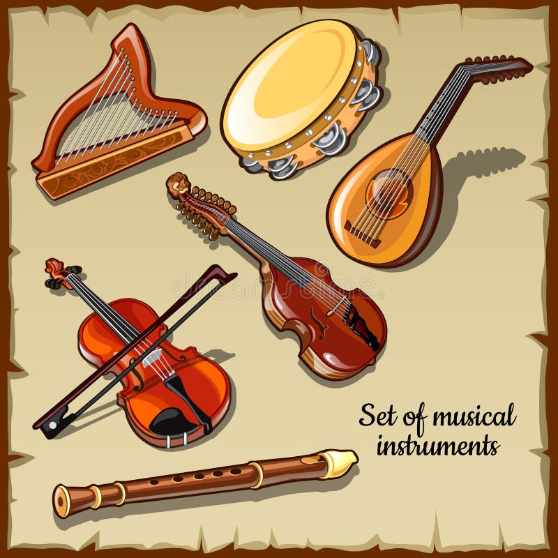 String and wind musical instruments, six icons vector illustration