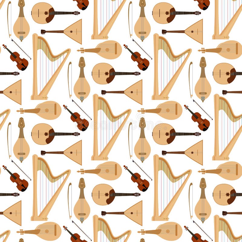 Stringed dreamed musical instruments classical orchestra art sound tool acoustic symphony seamless pattern background vector illustration