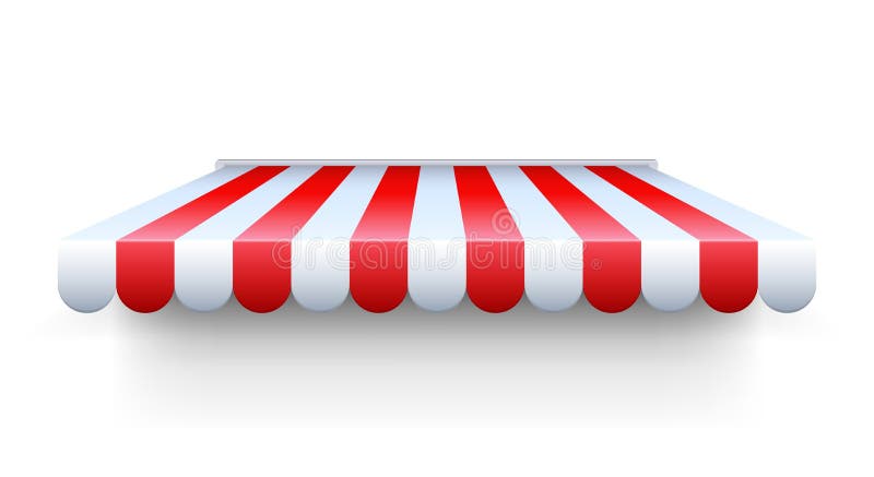 Stripe awning. Realistic red and white cafe tent. Canopy for protection from sun and rain or snow. Building exterior