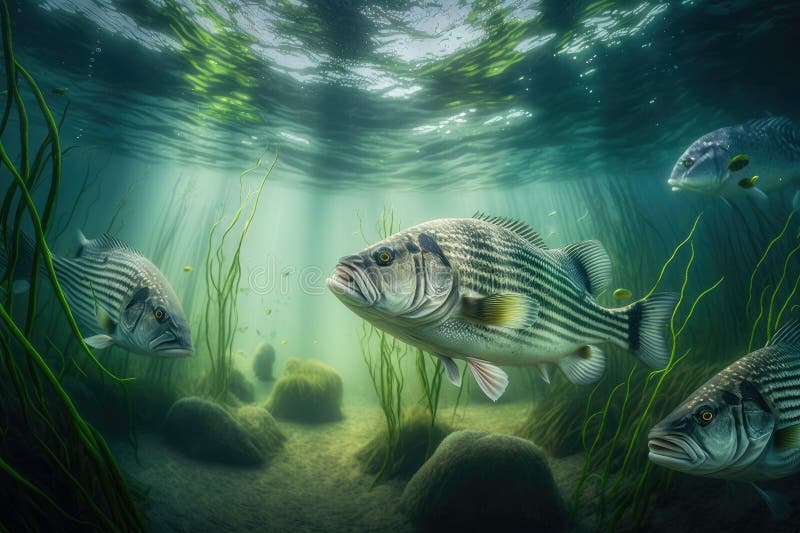 Striped Bass Fish Underwater Lush Nature by Generative AI Stock