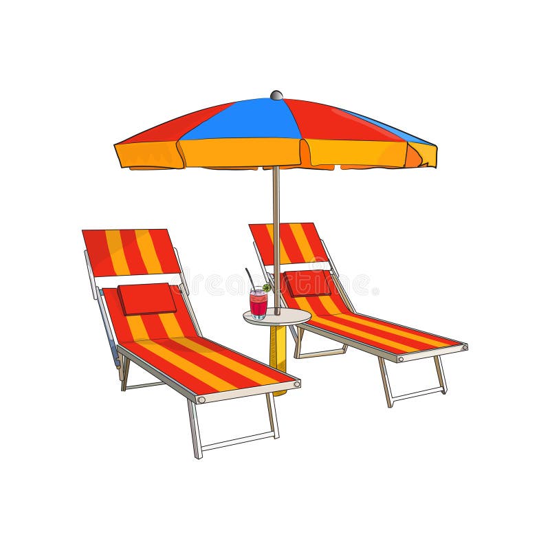 Striped beach umbrella and two beach chairs on a white background.