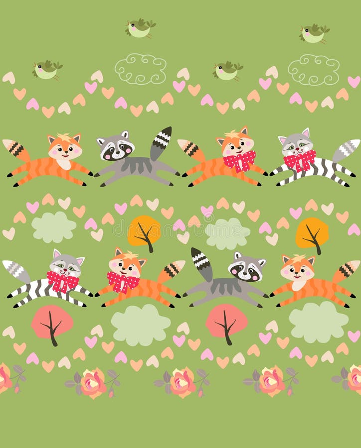 Striped cats, funny little foxes and cute raccons playing on green grass background among small birds, rose flowers, autumn trees