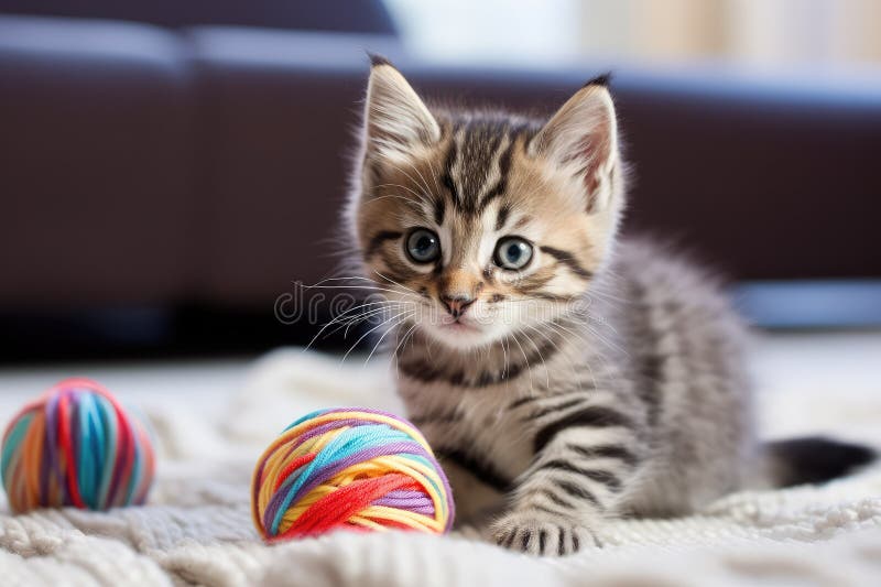 Funny and cute 4 cats with a ball of wool, cute cat holding yarn