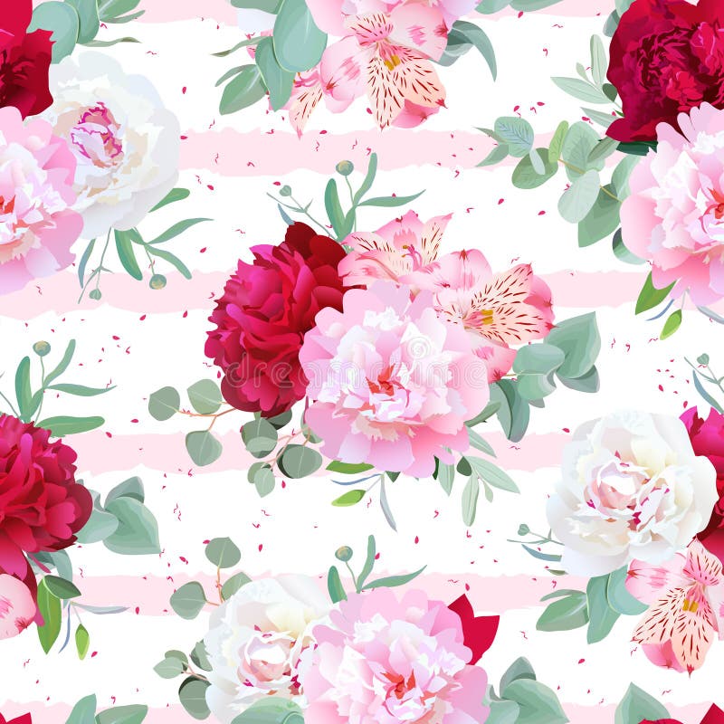 Striped pink floral seamless vector print with peony, alstroemeria lily, mint eucalyptus. Pink, white and burgundy flowers. Speckled backdrop.