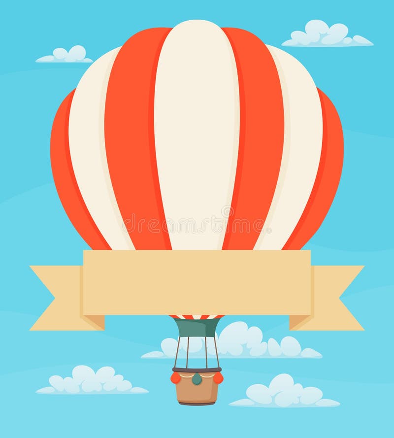 Striped red and white hot air balloon with ribbon and clouds. Vintage poster, greeting card design template