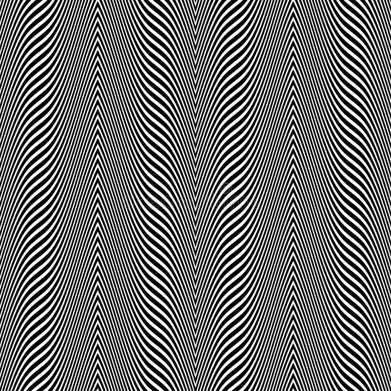 Striped seamless pattern of black distorted lines. Repeatable optical ripples texture. Psychedelic abstract wallpaper vector illustration