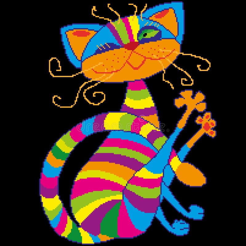 Striped, радужный, красочный кот при вертеть усик, покрашенный с квадратами, пикселы также вектор иллюстрации притяжки corel бесплатная иллюстрация