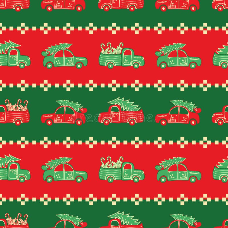 Stripes of Christmas trucks in red and green colors vector pattern. stock illustration Stripes of Christmas trucks in red and green colors vector pattern. stock illustration