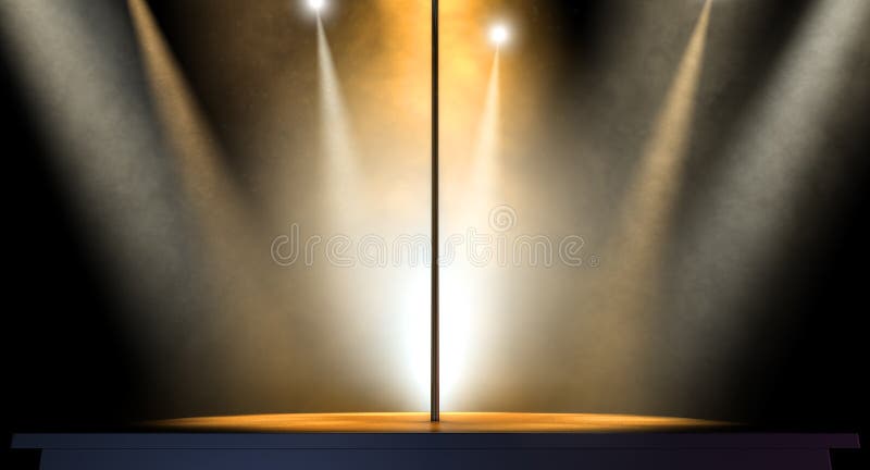 An isolated stripper pole on a stage lit by an array of spotlights on a dark background. An isolated stripper pole on a stage lit by an array of spotlights on a dark background