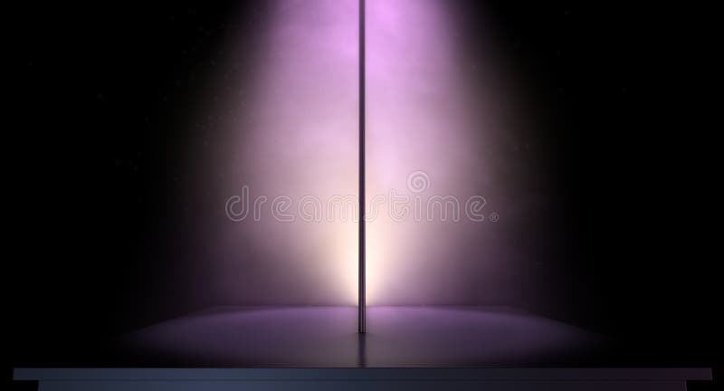 An isolated stripper pole on a stage lit by a single pink spotlight on a dark background. An isolated stripper pole on a stage lit by a single pink spotlight on a dark background