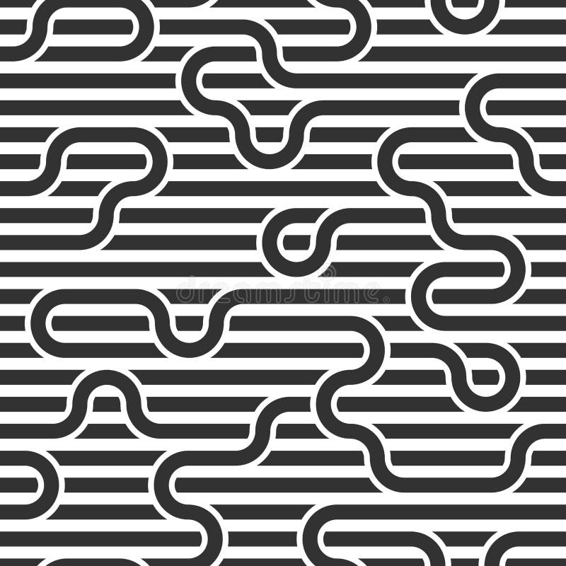 Stripy vector seamless pattern with woven lines, geometric abstract background, stripy net, optical maze, web network. Black and vector illustration