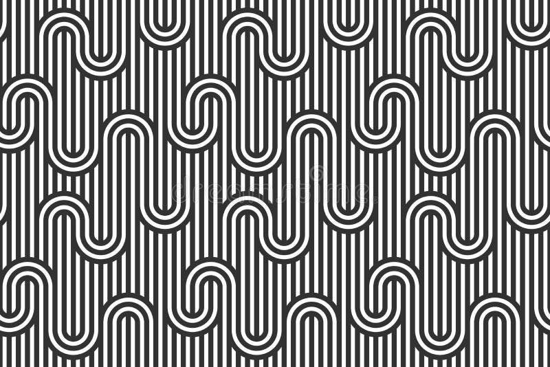 Stripy vector seamless pattern with woven lines, geometric abstract background, stripy net, optical maze, web network. Black and stock illustration