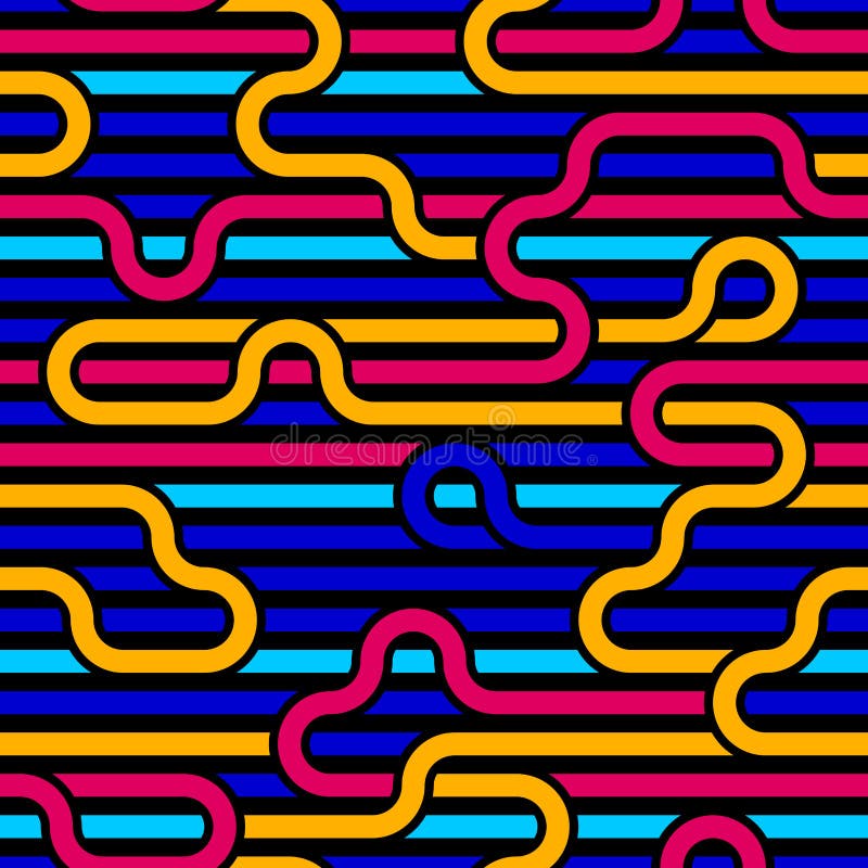 Stripy vector seamless pattern with woven lines, geometric abstract background, stripy net, optical maze, web network. Colorful stock illustration