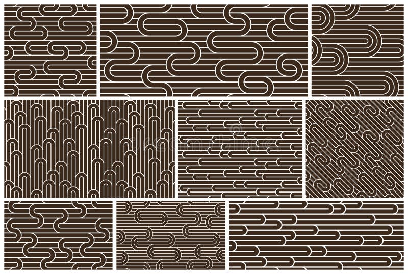 Stripy vector seamless patterns with woven lines, geometric abstract backgrounds set, stripy net, optical maze. royalty free illustration