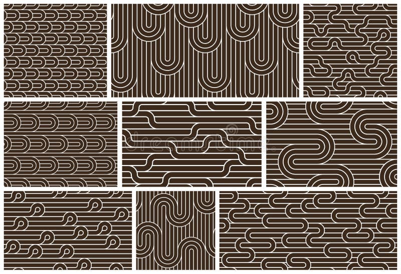 Stripy vector seamless patterns with woven lines, geometric abstract backgrounds set, stripy net, optical maze. vector illustration