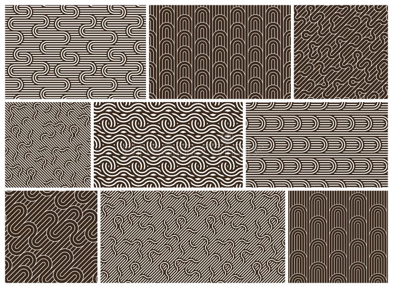 Stripy vector seamless patterns with woven lines, geometric abstract backgrounds set, stripy net, optical maze. royalty free illustration