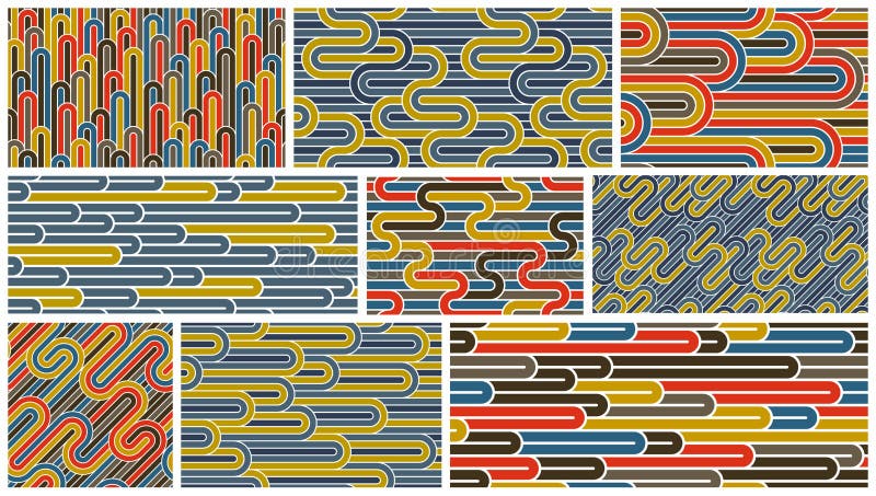 Stripy vector seamless patterns with woven lines, geometric abstract backgrounds set, stripy net, optical maze. stock illustration