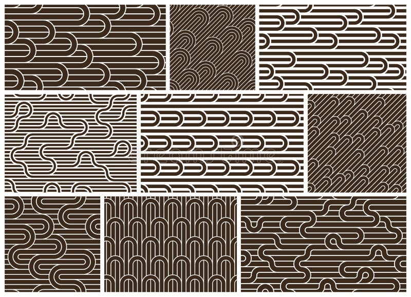 Stripy vector seamless patterns with woven lines, geometric abstract backgrounds set, stripy net, optical maze. vector illustration