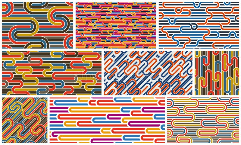 Stripy vector seamless patterns with woven lines, geometric abstract backgrounds set, stripy net, optical maze. royalty free illustration