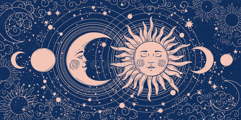 Striscione magico per la progettazione di astrologia tarot boho. luna crescente e sole dell'universo su sfondo blu. esoterico Striscione magico per la progettazione di astrologia tarot boho. luna crescente e sole dell'universo su sfondo blu. esoterico