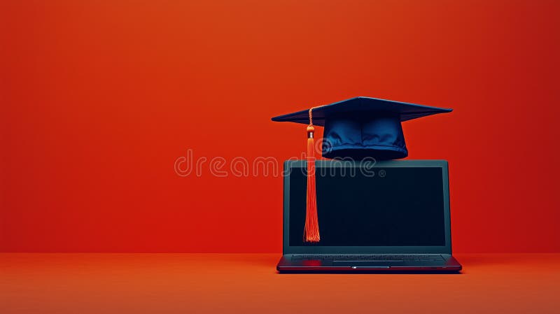 Striscione rosso vibrante per offerte di studio e corsi online con laptop neri e cappuccio per la laurea royalty illustrazione gratis