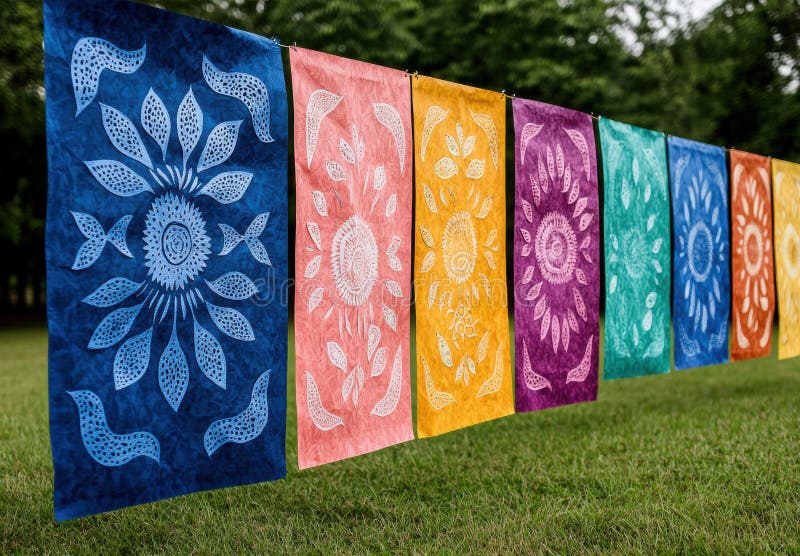Striscioni colorati in tessuto batik appesi in un giardino. creato con l'aiuto di strumenti generativi di aiuto.