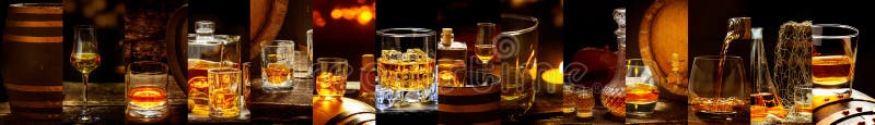 Striscioni con molte altre immagini di whiskey whisky in un bicchiere in bottiglia in un barile fotografia stock