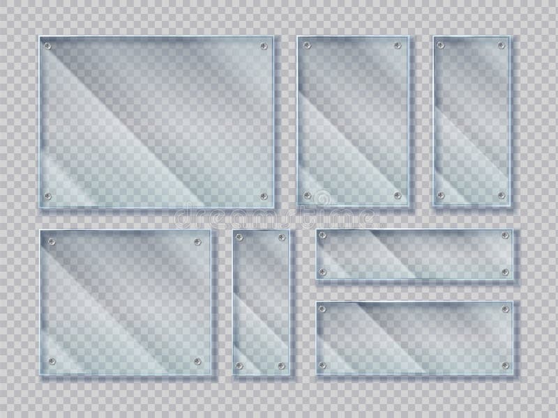 Striscioni di vetro realistici con viti Striscioni di vetro con riflessi di luce Taratura delle piastre isolate del vettore illustrazione di stock