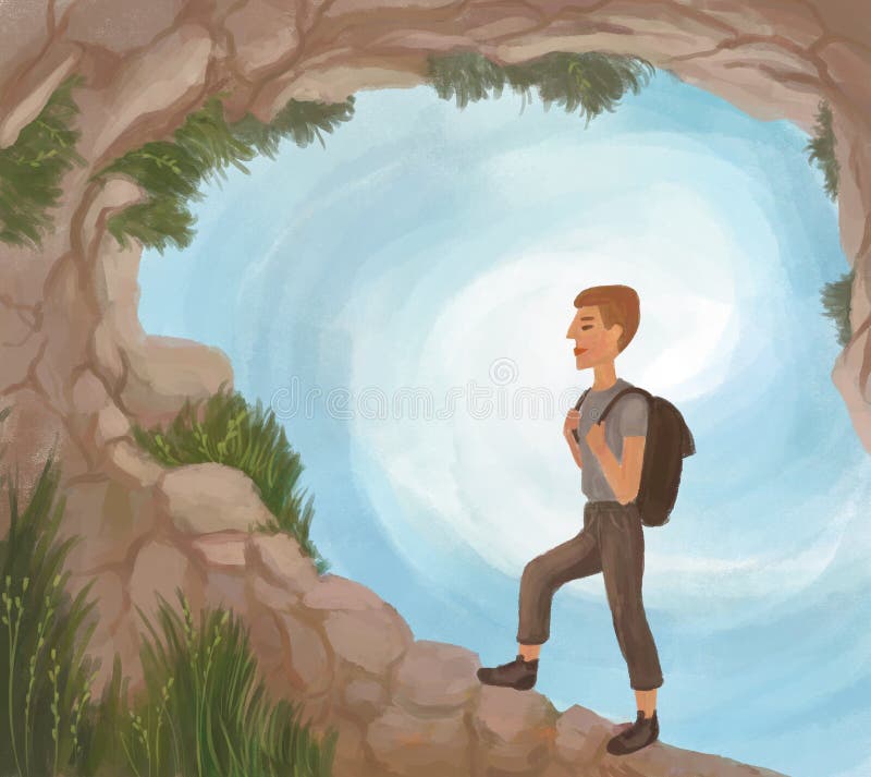 Striving for the goal, the way forward. The man who climbs the mountain. Escape from problems, vicious circle royalty free illustration