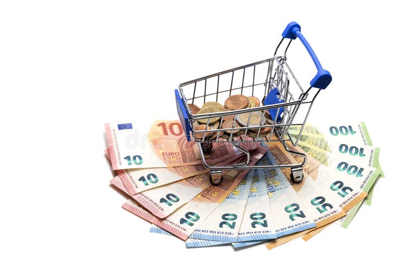 A stroller for shopping with coins stands on a fan of Euro banknotes. How much European people spend money. The concept of a