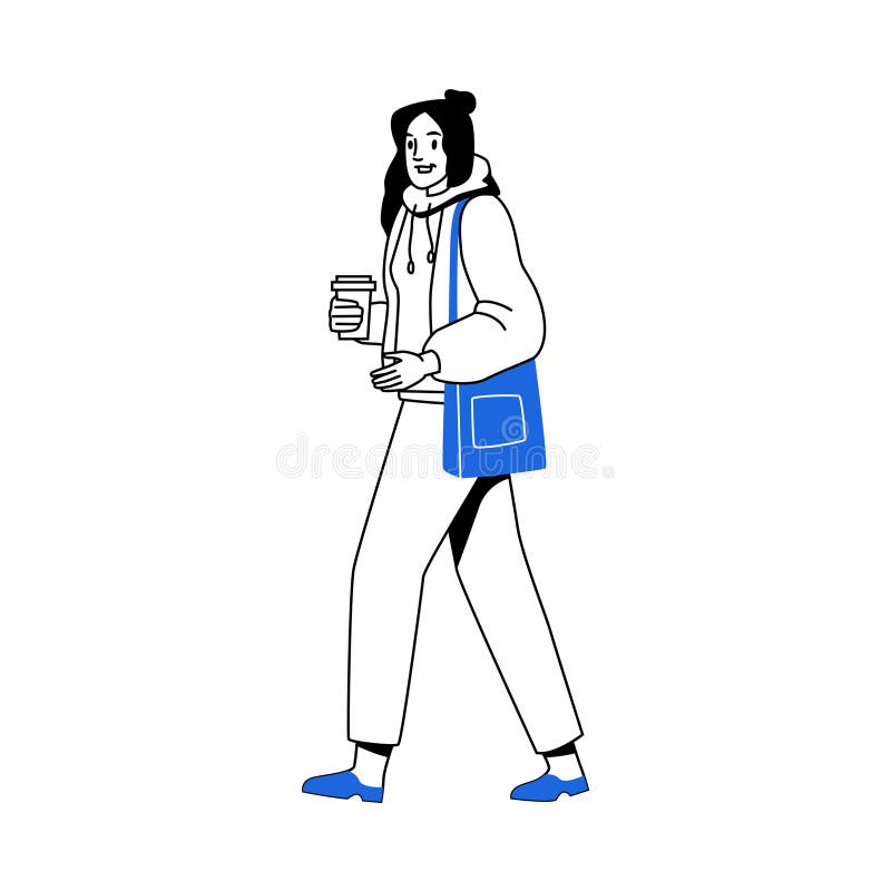 Strolling female character with cup of coffee stock illustration