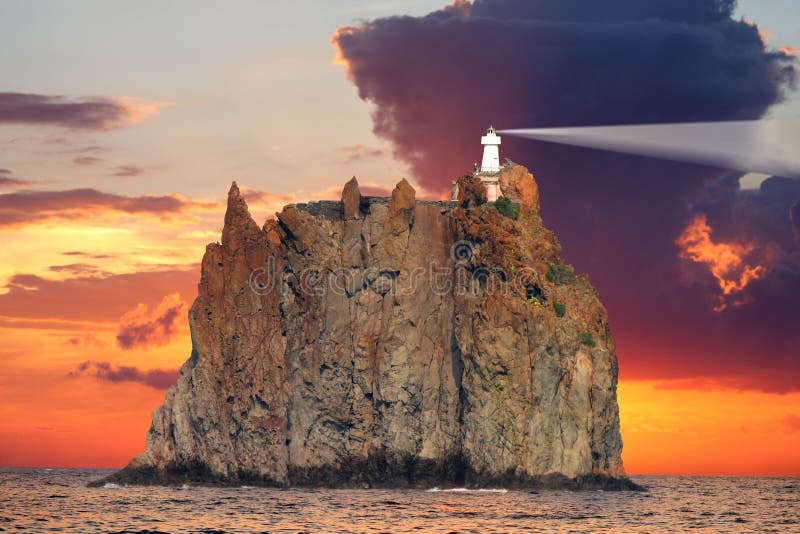 Stromboli Lighthouse at sunset, Italy. Stromboli Lighthouse at sunset, Italy