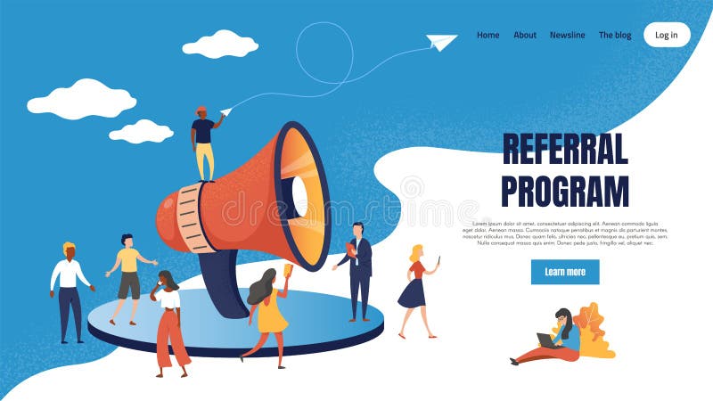 Referral marketing landing page. Loudspeaker business announcements of referral customer loyalty program. Vector web page partnership base friendly customers concept. Referral marketing landing page. Loudspeaker business announcements of referral customer loyalty program. Vector web page partnership base friendly customers concept