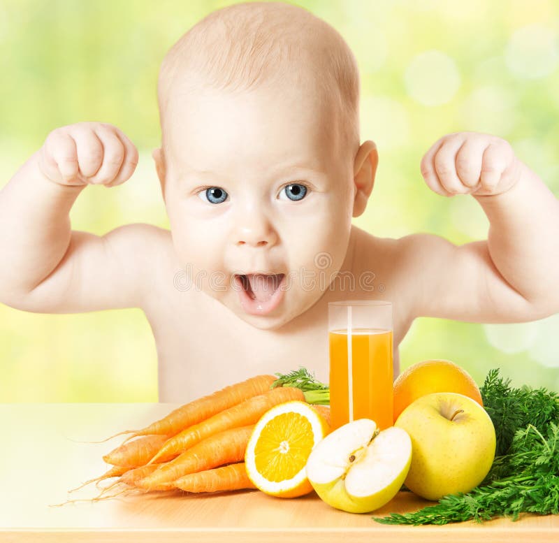 Un nino vitamina jugo, fuerte saludable comida, verduras fresco comida.