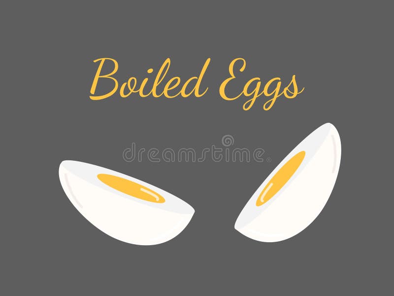 Strong boiled half cut eggs with yellow yolk isolated on grey background. Fast breakfast recipe design. Hand drawn vector illustration