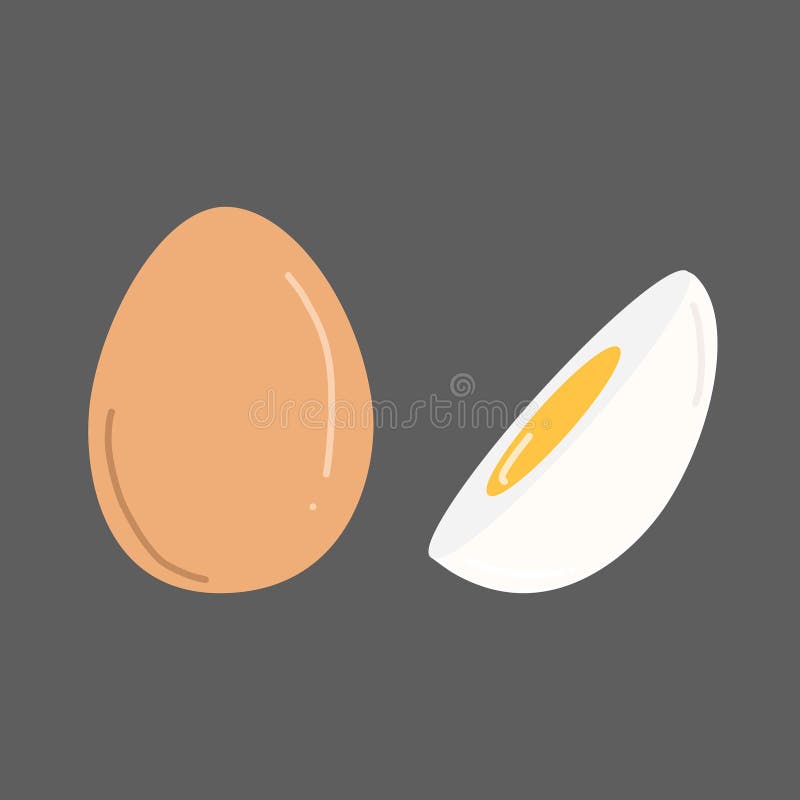 Strong boiled half cut eggs with yellow yolk with whole egg in shell on grey background. Fast breakfast recipe design stock illustration