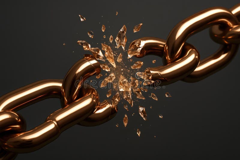 Strong bronze chain breaking apart, one link shattering into golden fragments vector illustration