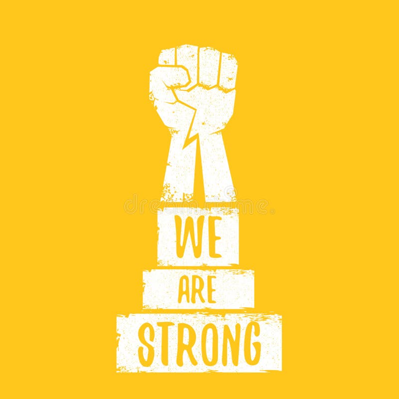 We are strong concept illustration with a white silhouette raised fist in the air isolated on orange background vector illustration