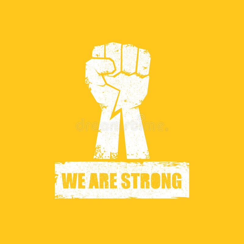 We are strong concept illustration with a white silhouette raised fist in the air isolated on orange background royalty free illustration