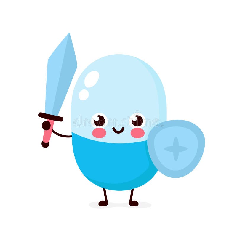 Strong cute happy pill with sword royalty free illustration