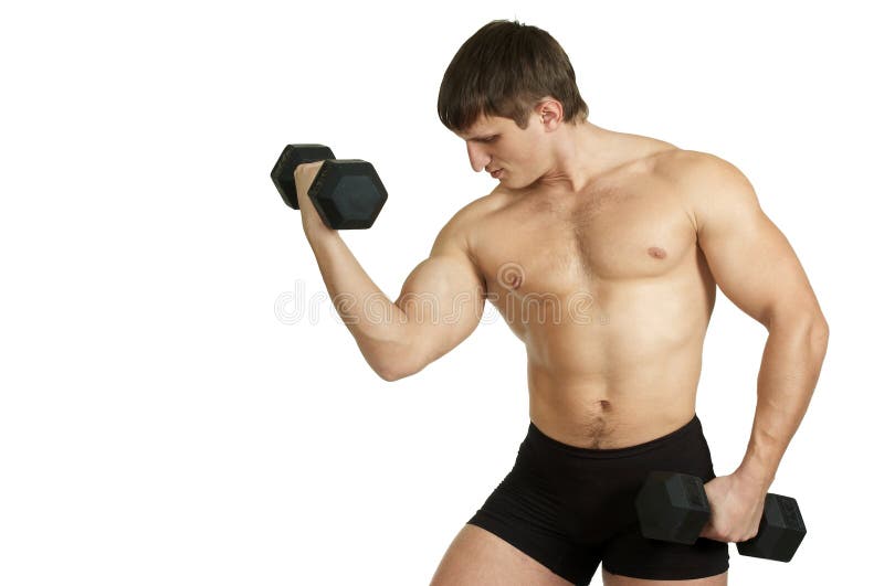 Strong man does exercise with black dumbbell